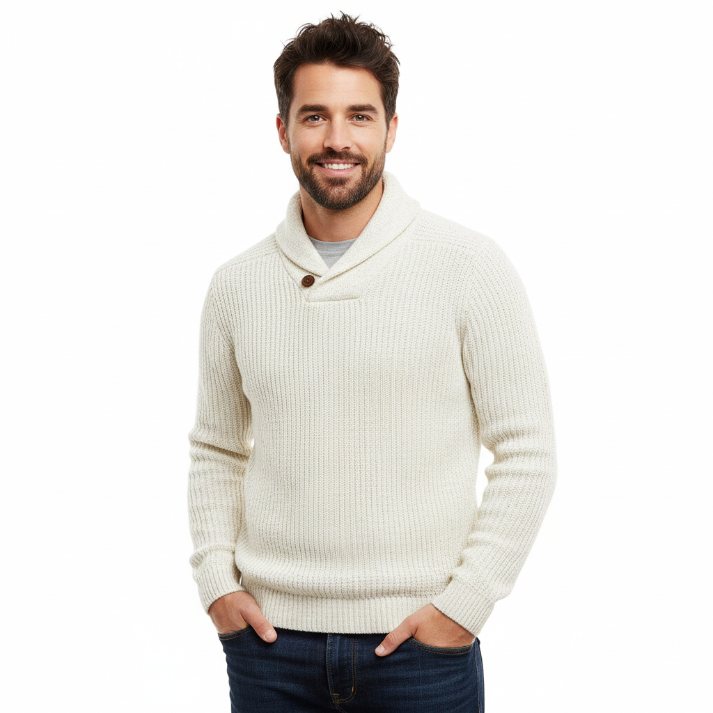 Luther Pull Homme – Tricot à Torsades avec Col Châle & Coupe Décontractée Moderne