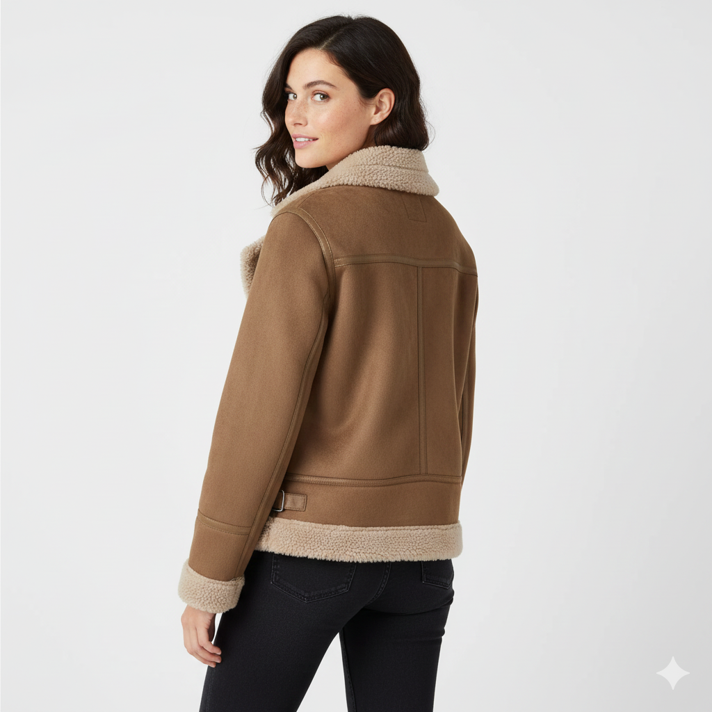 Beverly Manteau Biker Femme – Veste Suédée Shearling Chaude avec Style Moderne & Détails Zippés