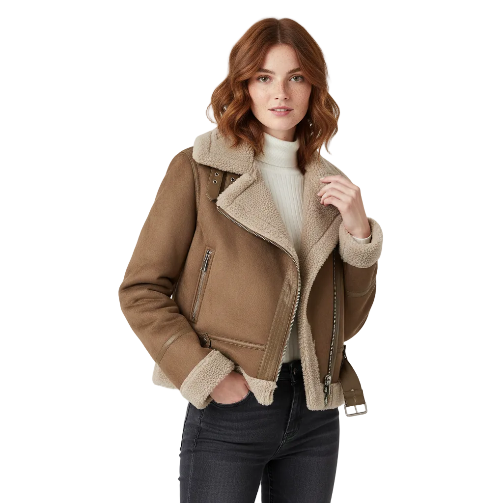 Beverly Manteau Biker Femme – Veste Suédée Shearling Chaude avec Style Moderne & Détails Zippés