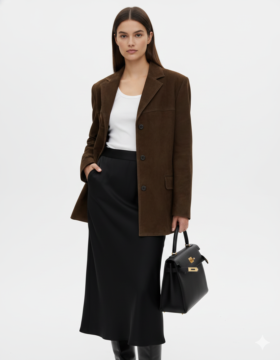 Blazer Marga en ante para mujer – Chaqueta elegante marrón con corte moderno y material elástico