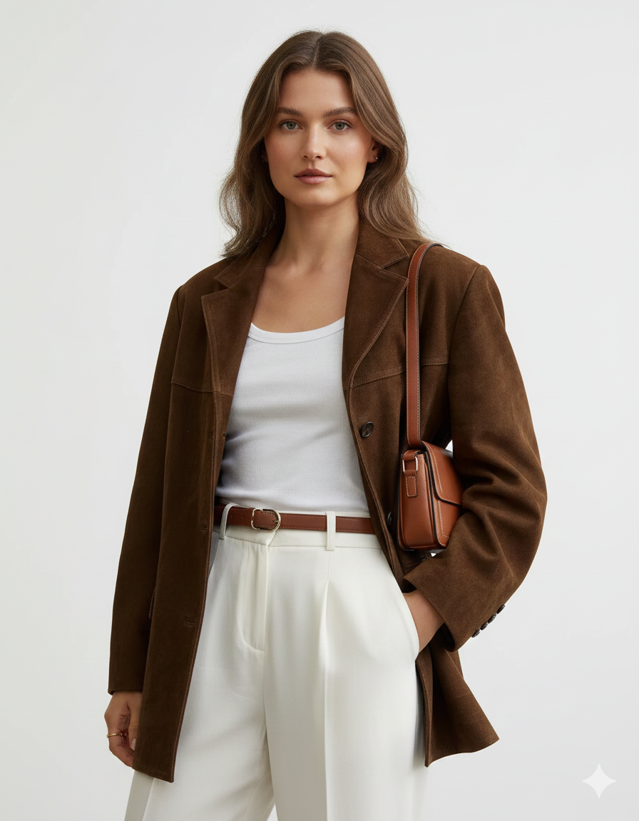 Marga Blazer en Suède Femme – Veste Chic Marron avec Coupe Moderne & Matière Extensible