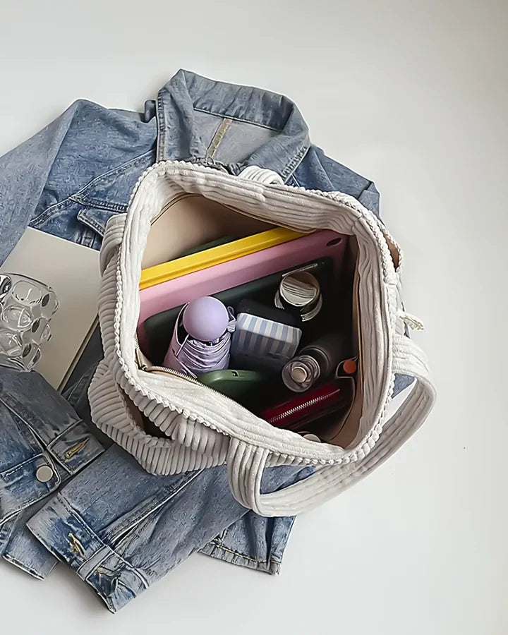 Marijn Sac Cabas Femme – Tote Bag Côtelé avec Détails Cordon & Grand Espace de Rangement