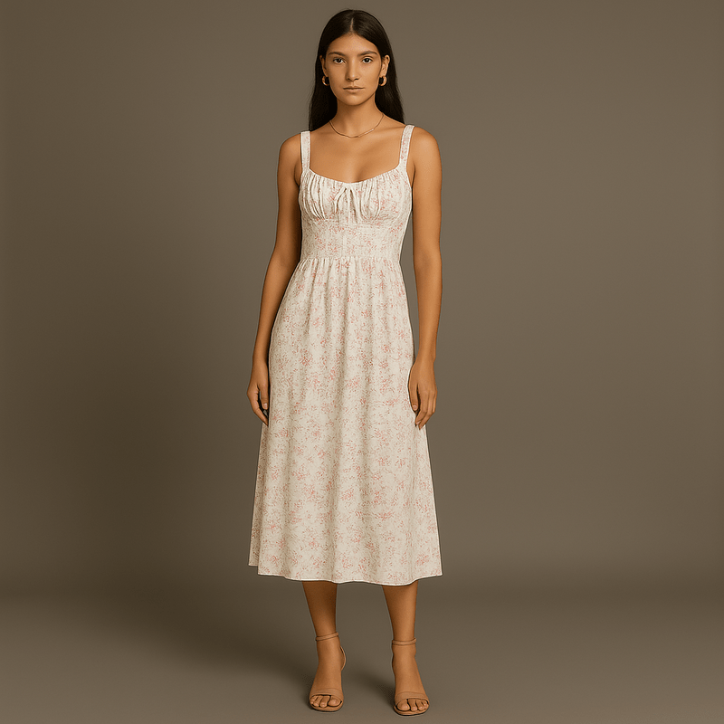 Abito midi da donna Emelie – Abito romantico floreale con spalline regolabili e vita aderente