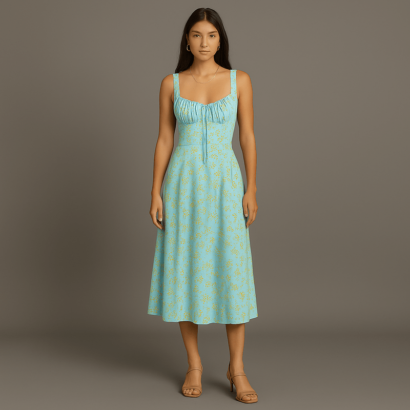 Abito midi da donna Emelie – Abito romantico floreale con spalline regolabili e vita aderente