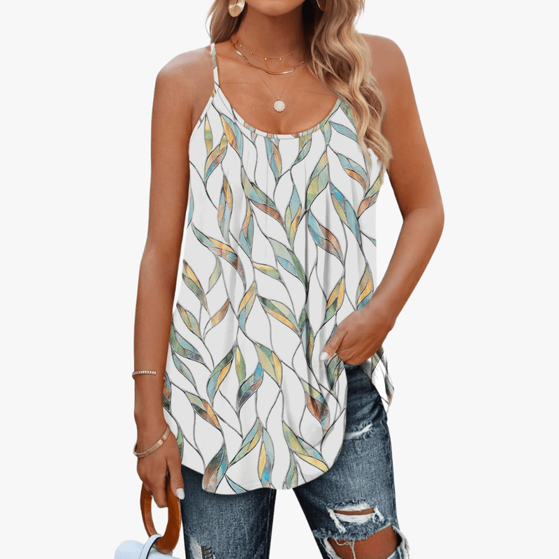 Top estivo da donna Jazzy: spalline regolabili, tessuto elasticizzato traspirante e vestibilità ampia con volant