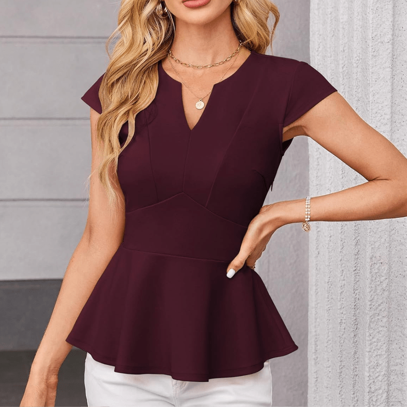 Elegante camicetta da donna Jaz - Scollo a V, maniche a pipistrello, vestibilità strutturata e orlo arricciato