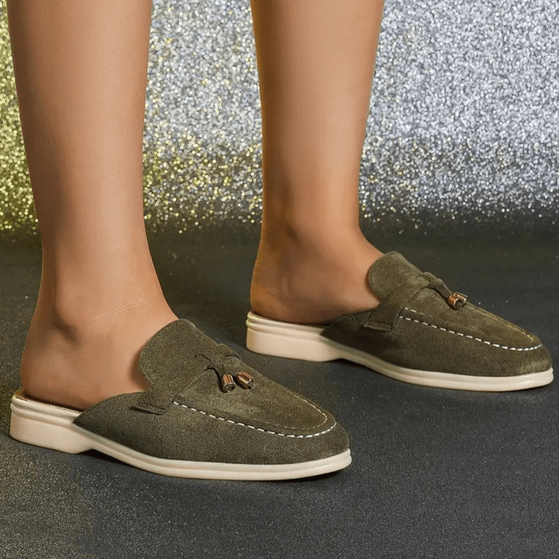 Mocassini da donna Mori – Mules estive verdi con frange e suola comoda