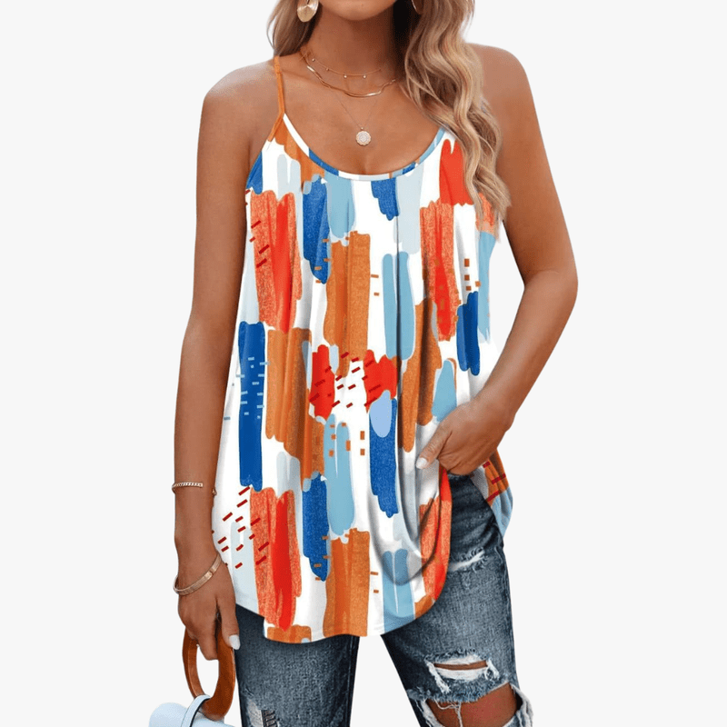 Top estivo da donna Jazzy: spalline regolabili, tessuto elasticizzato traspirante e vestibilità ampia con volant