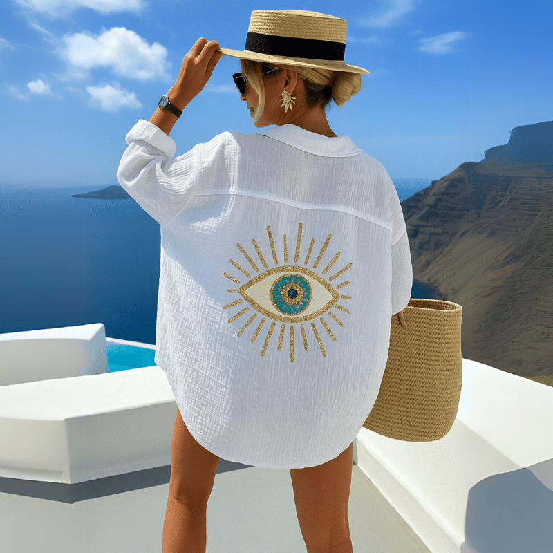 Camicia bohémien da donna Jamie - Tunica da spiaggia in cotone leggero con ricamo protettivo per gli occhi