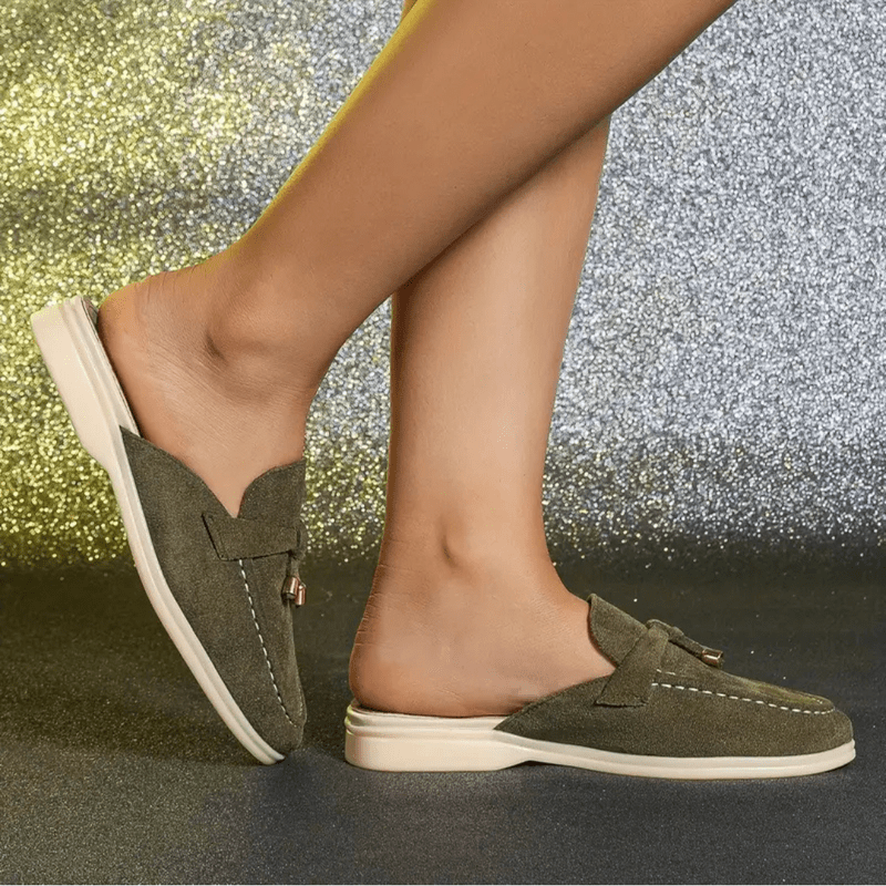 Mocassini da donna Mori – Mules estive verdi con frange e suola comoda