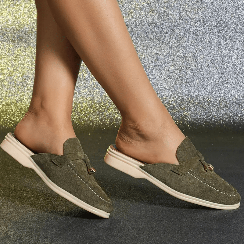 Mocassini da donna Mori – Mules estive verdi con frange e suola comoda