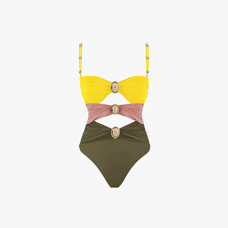 Costume da bagno da donna Issa – Costume intero con cutout, anelli dorati e design colorblock