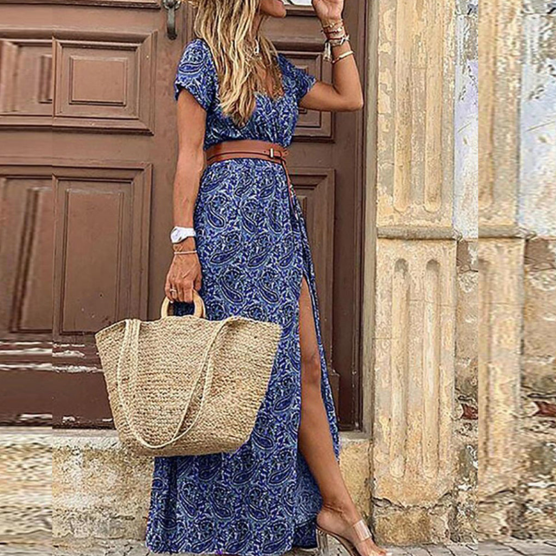 Abito lungo da donna Sheena - Abito lungo bohémien con stampa paisley, cintura e maniche corte