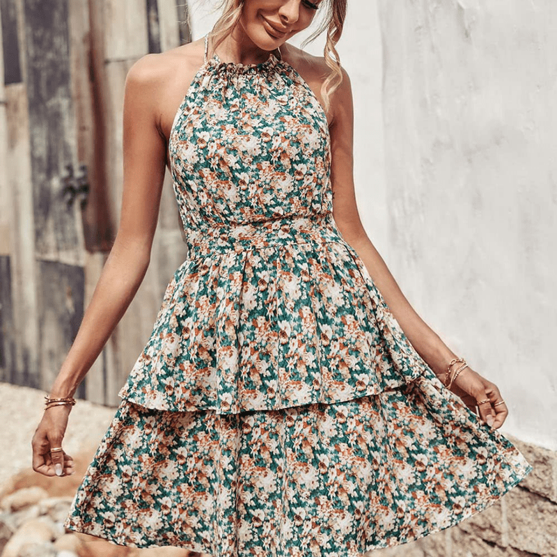 Abito corto da donna Elle - Abito floreale senza maniche con volant e collo alto per look estivi