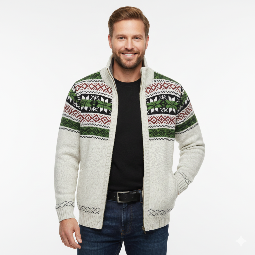 Moris Gilet Fleece Homme – Veste Jacquard Hiver à Col Haut & Motifs Scandinaves