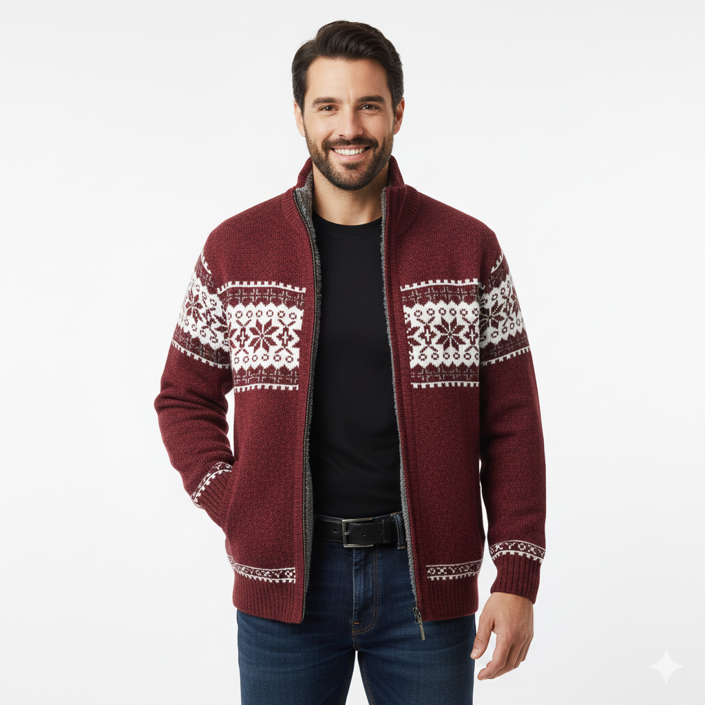 Moris Gilet Fleece Homme – Veste Jacquard Hiver à Col Haut & Motifs Scandinaves