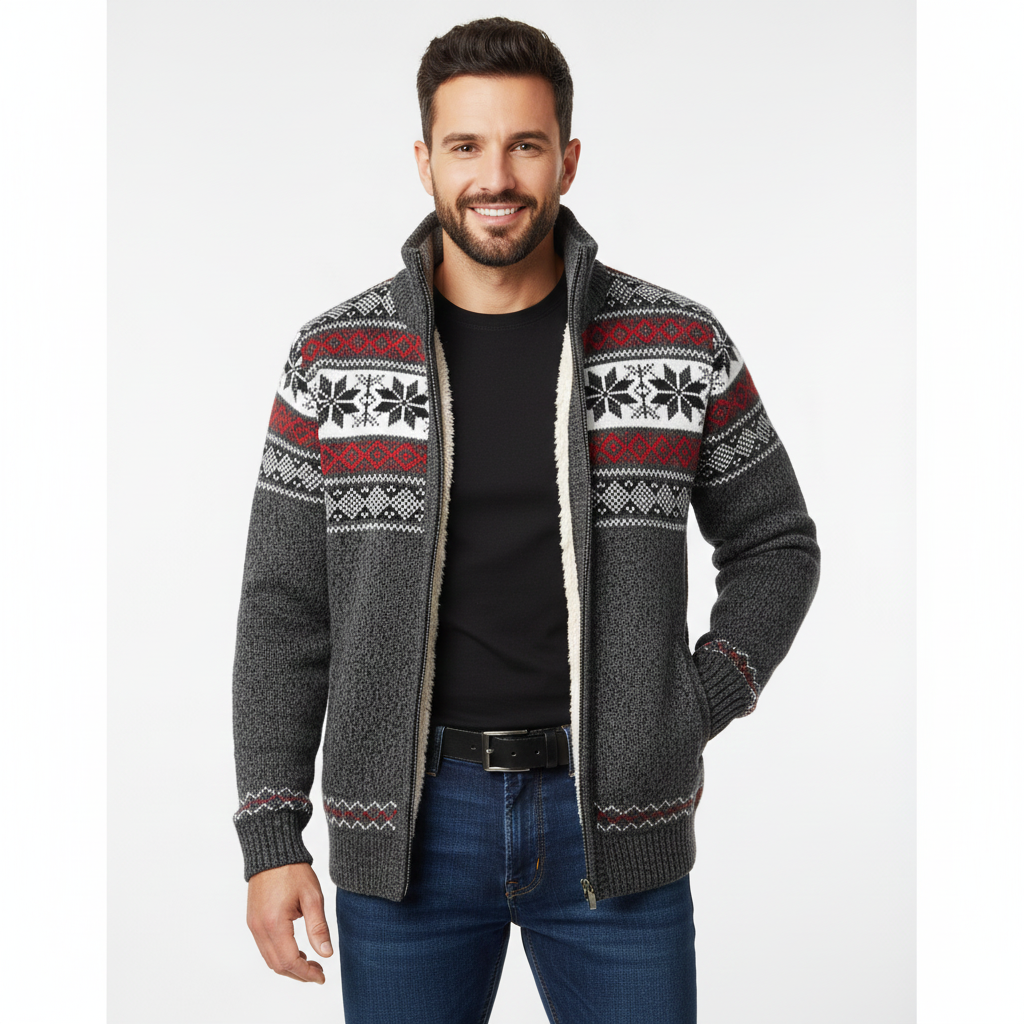 Moris Gilet Fleece Homme – Veste Jacquard Hiver à Col Haut & Motifs Scandinaves