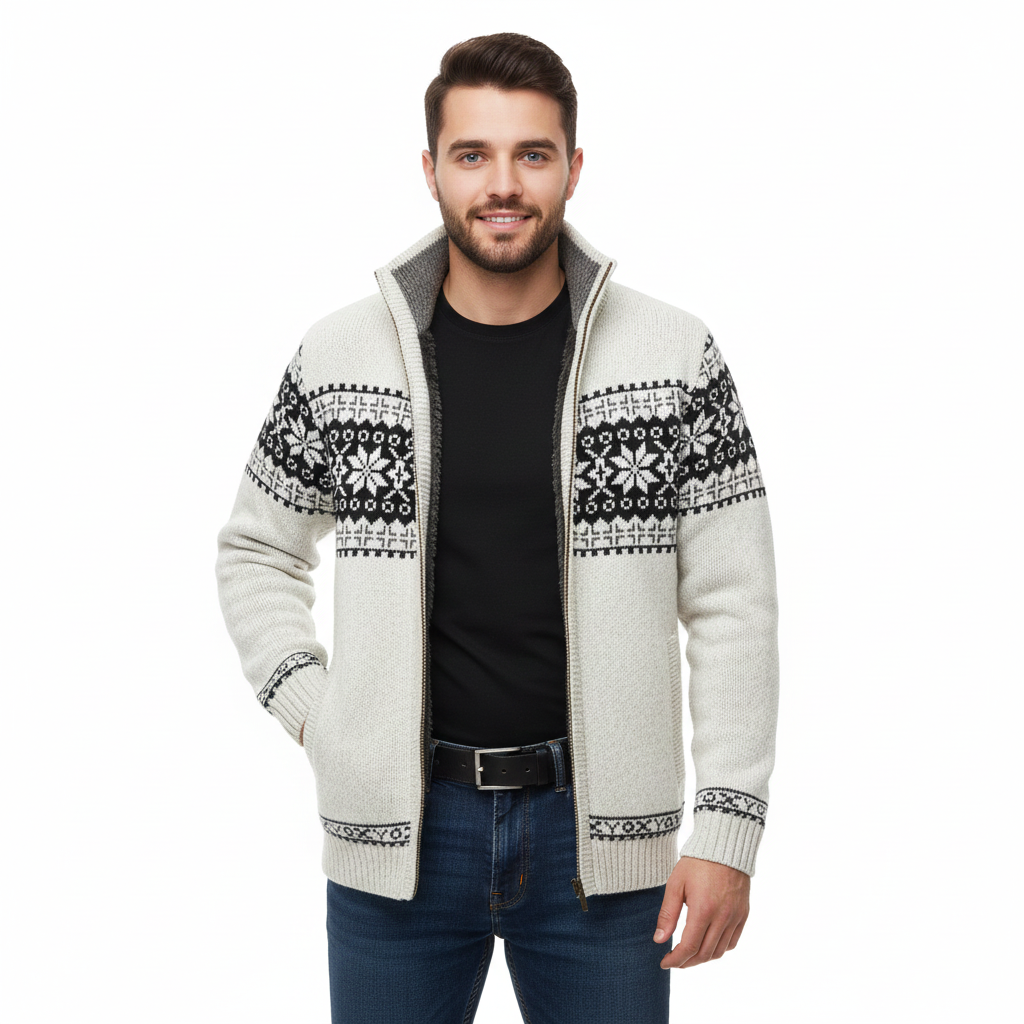 Moris Gilet Fleece Homme – Veste Jacquard Hiver à Col Haut & Motifs Scandinaves