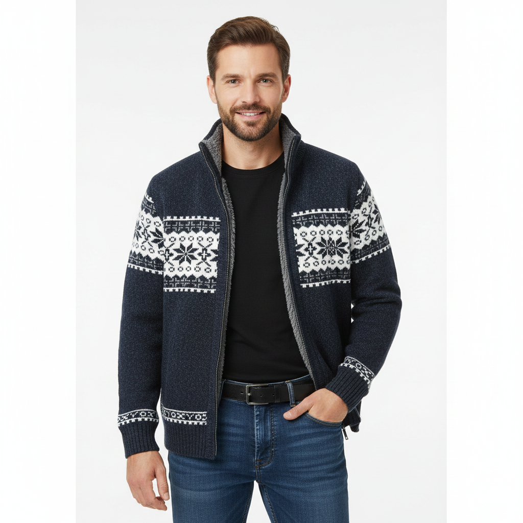 Moris Gilet Fleece Homme – Veste Jacquard Hiver à Col Haut & Motifs Scandinaves