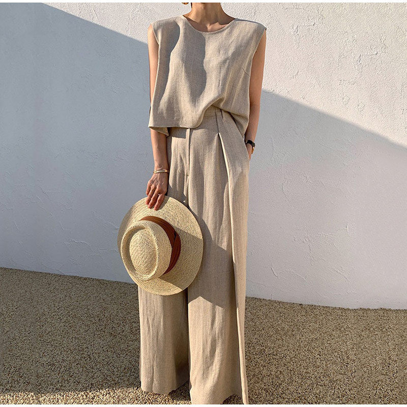 Completo in lino da donna Aubree - Pantaloni a gamba larga e top con scollo rotondo, comfort estivo leggero