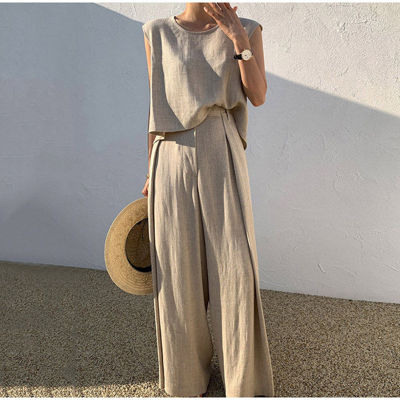 Completo in lino da donna Aubree - Pantaloni a gamba larga e top con scollo rotondo, comfort estivo leggero