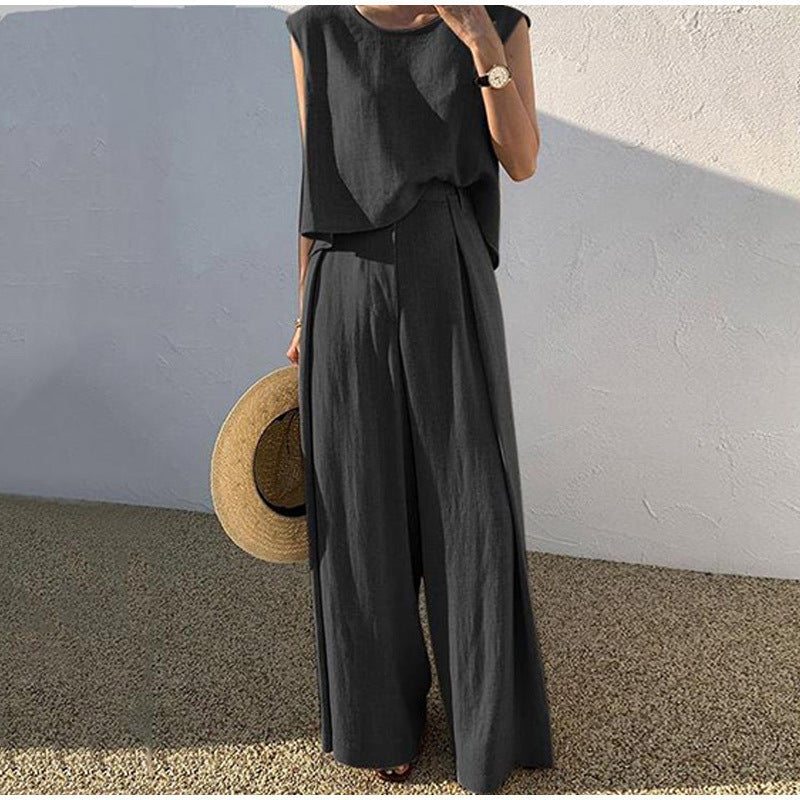 Completo in lino da donna Aubree - Pantaloni a gamba larga e top con scollo rotondo, comfort estivo leggero