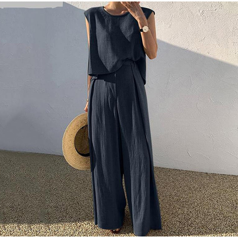 Completo in lino da donna Aubree - Pantaloni a gamba larga e top con scollo rotondo, comfort estivo leggero