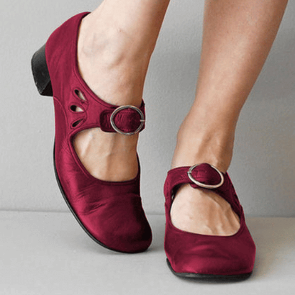 Scarpe da donna Raianne - Vera pelle, punta tonda, tacco basso a blocco, cinturino con fibbia - Stile vintage per tutte le occasioni