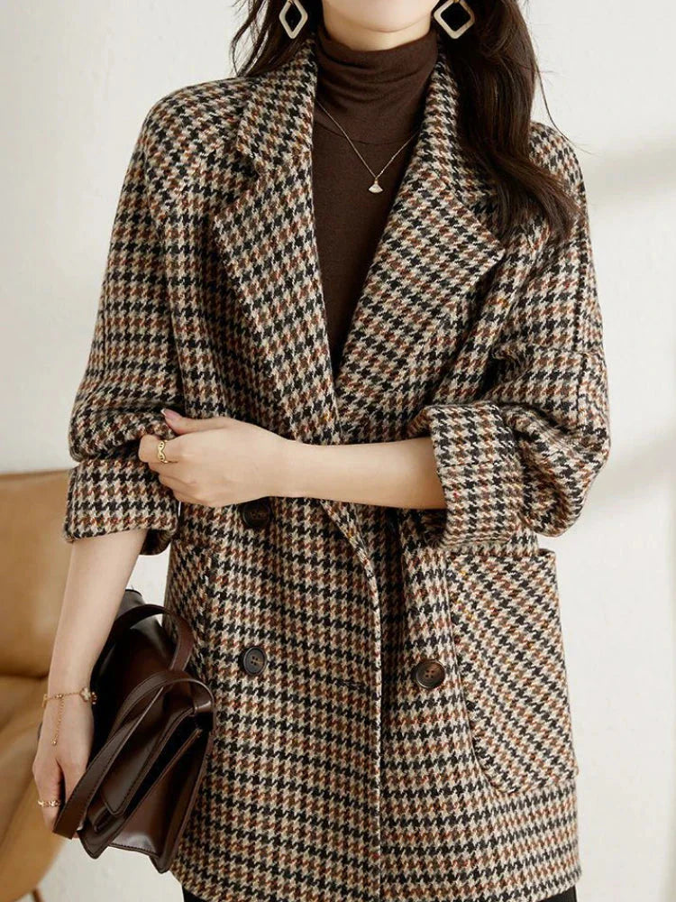 Audrey Veste à Carreaux Femme – Manteau Vintage Oversize à Double Boutonnage Chic & Confort