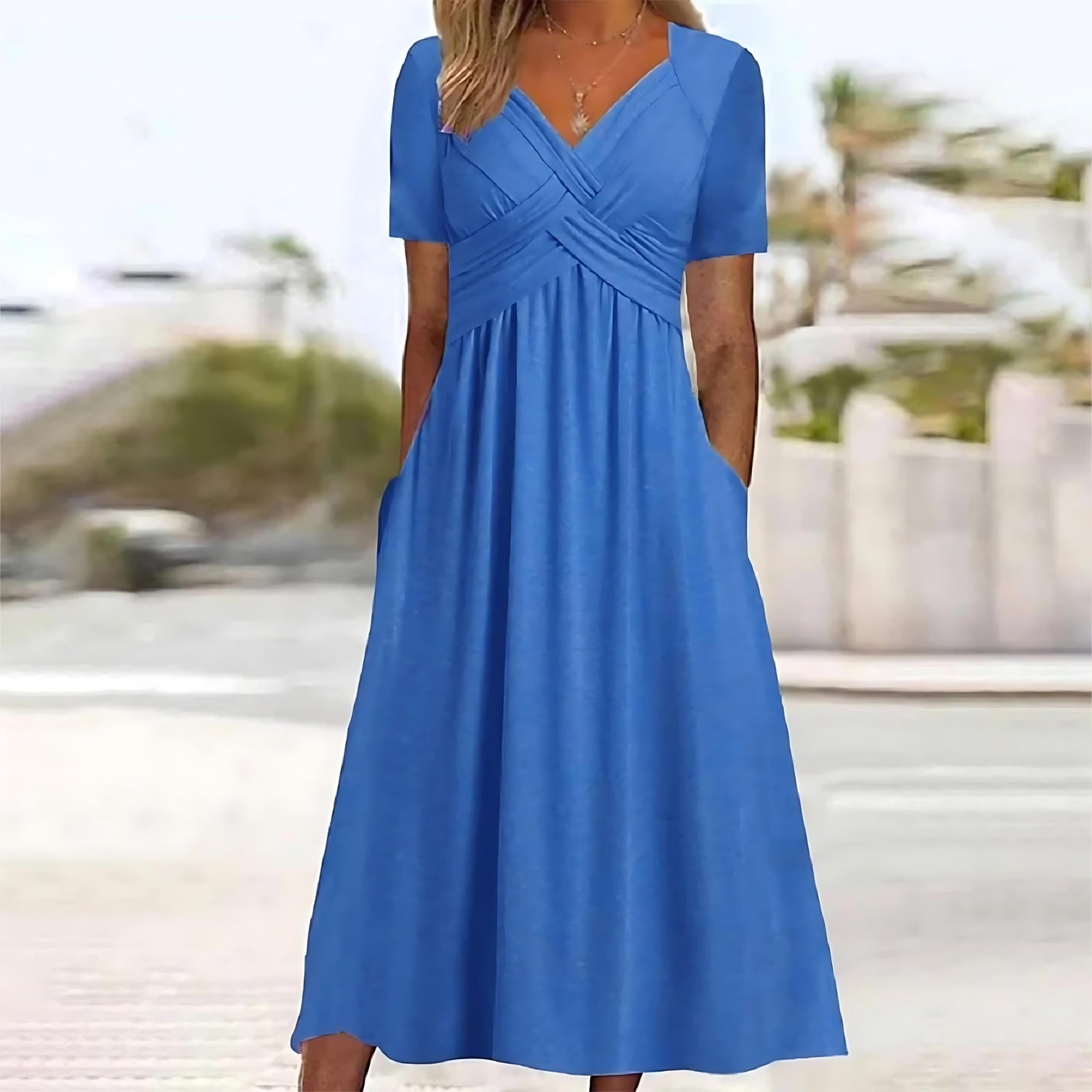 Abito midi da donna Queenie - Elegante abito estivo con scollo a V e maniche corte leggere