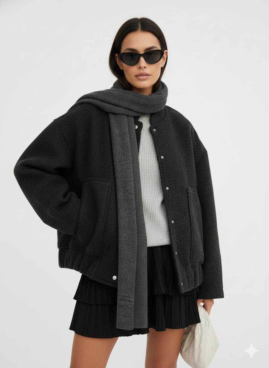 Norlyn Bomber Oversize Femme – Veste Tendance avec Col Montant, Boutonnage Caché & Coupe Ample