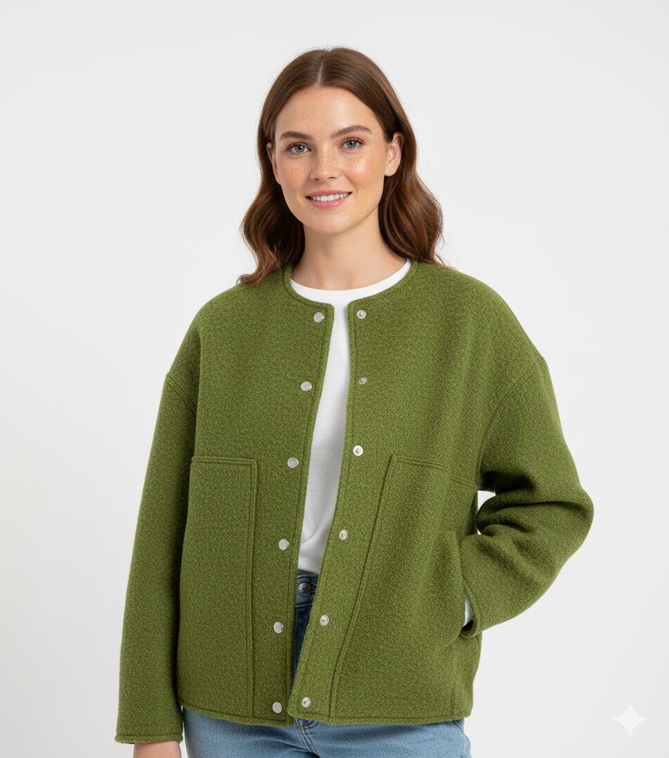 Norlyn Bomber Oversize Femme – Veste Tendance avec Col Montant, Boutonnage Caché & Coupe Ample