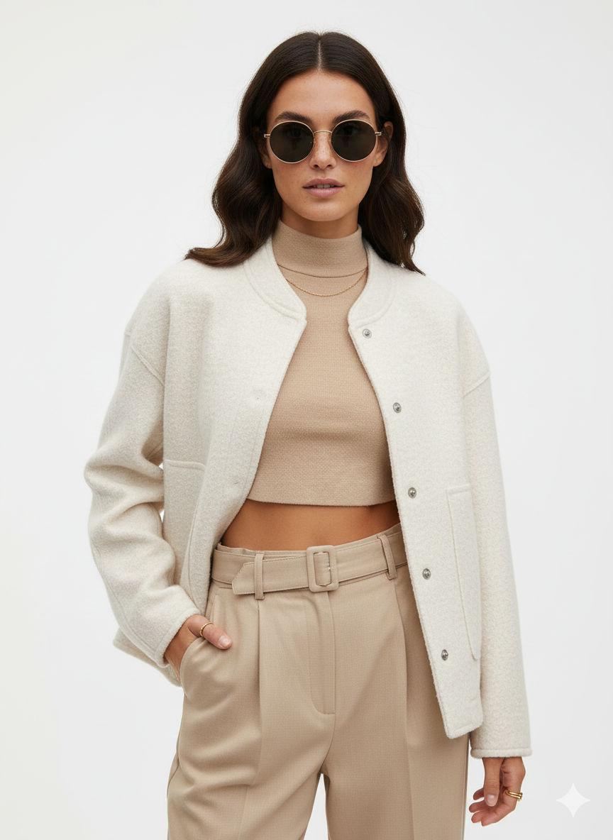 Norlyn Bomber Oversize Femme – Veste Tendance avec Col Montant, Boutonnage Caché & Coupe Ample