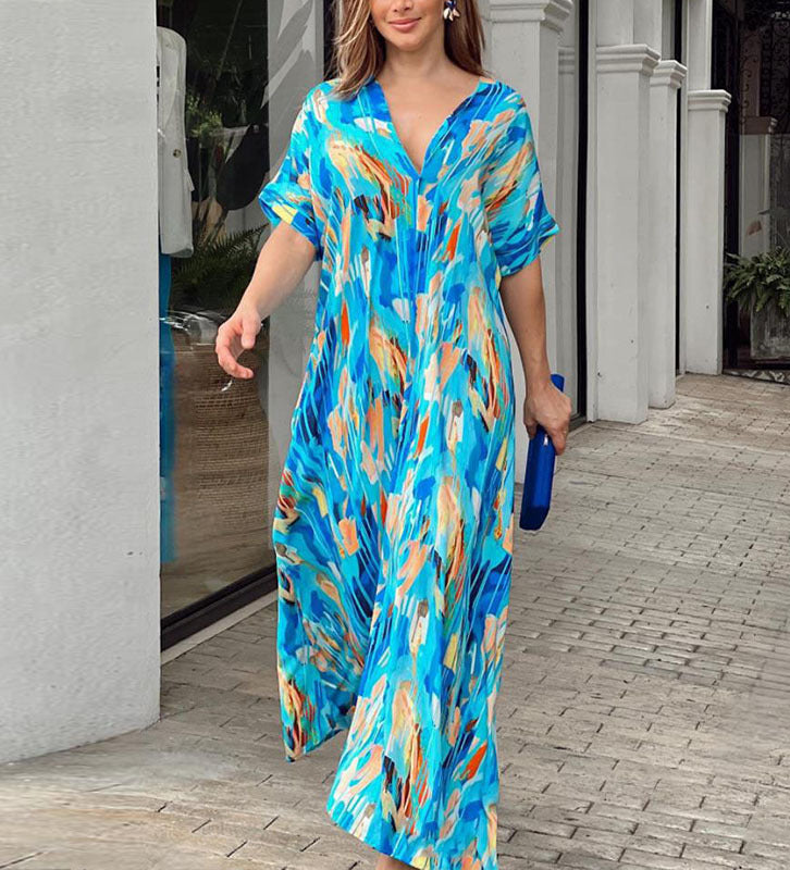 Abito caftano da donna Oaklynn - Abito caftano lungo leggero con stampa multicolore e look estivo