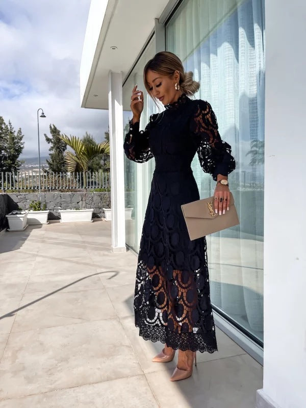 Abito elegante da donna Celeste - Abito in pizzo con maniche lunghe per serate chic
