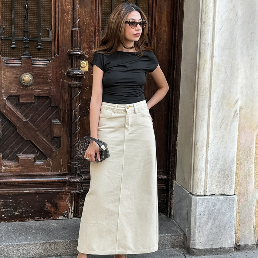 Gonna lunga da donna Mara – Gonna strutturata a vita alta con passanti per cintura e pratiche tasche