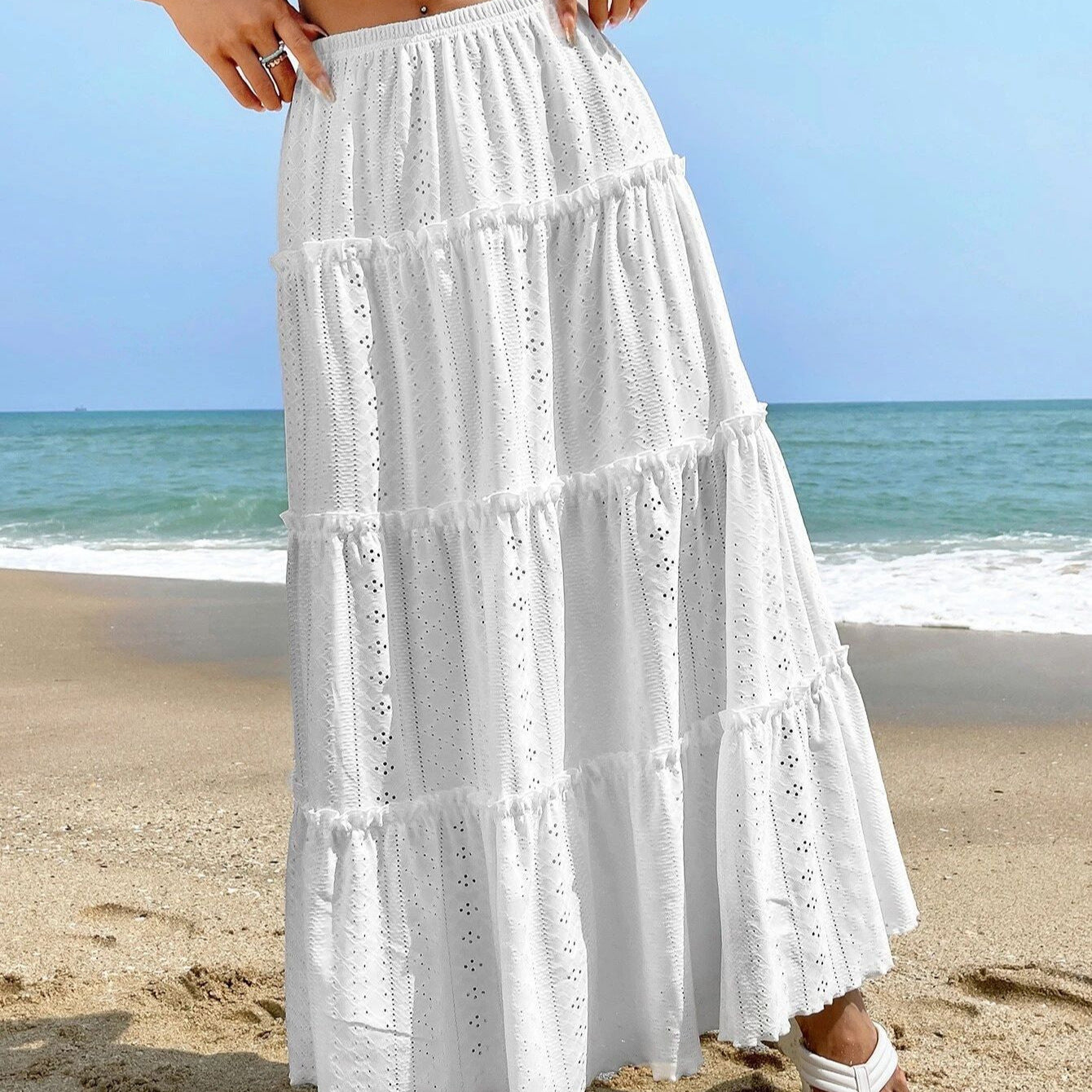 Gonna lunga da donna Liezel - Gonna a trapezio in cotone leggero con volant, pizzo inglese e vita elastica