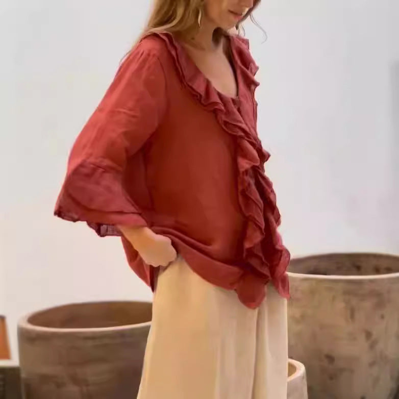 Camicetta da donna Phoebe - Elegante camicetta con volant e maniche svasate per un look casual chic