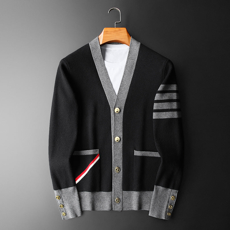 Cardigan in cashmere da uomo Hans - Elegante, a righe con scollo a V, bottoni dorati e pratiche tasche