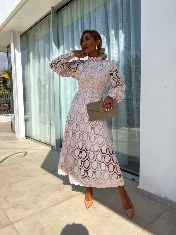 Abito elegante da donna Celeste - Abito in pizzo con maniche lunghe per serate chic