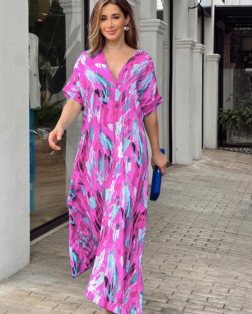 Abito caftano da donna Oaklynn - Abito caftano lungo leggero con stampa multicolore e look estivo