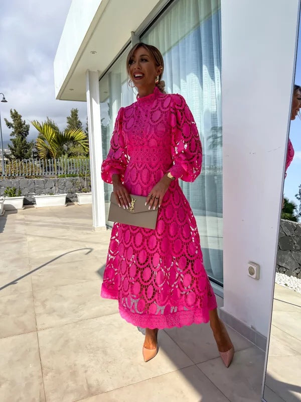 Abito elegante da donna Celeste - Abito in pizzo con maniche lunghe per serate chic