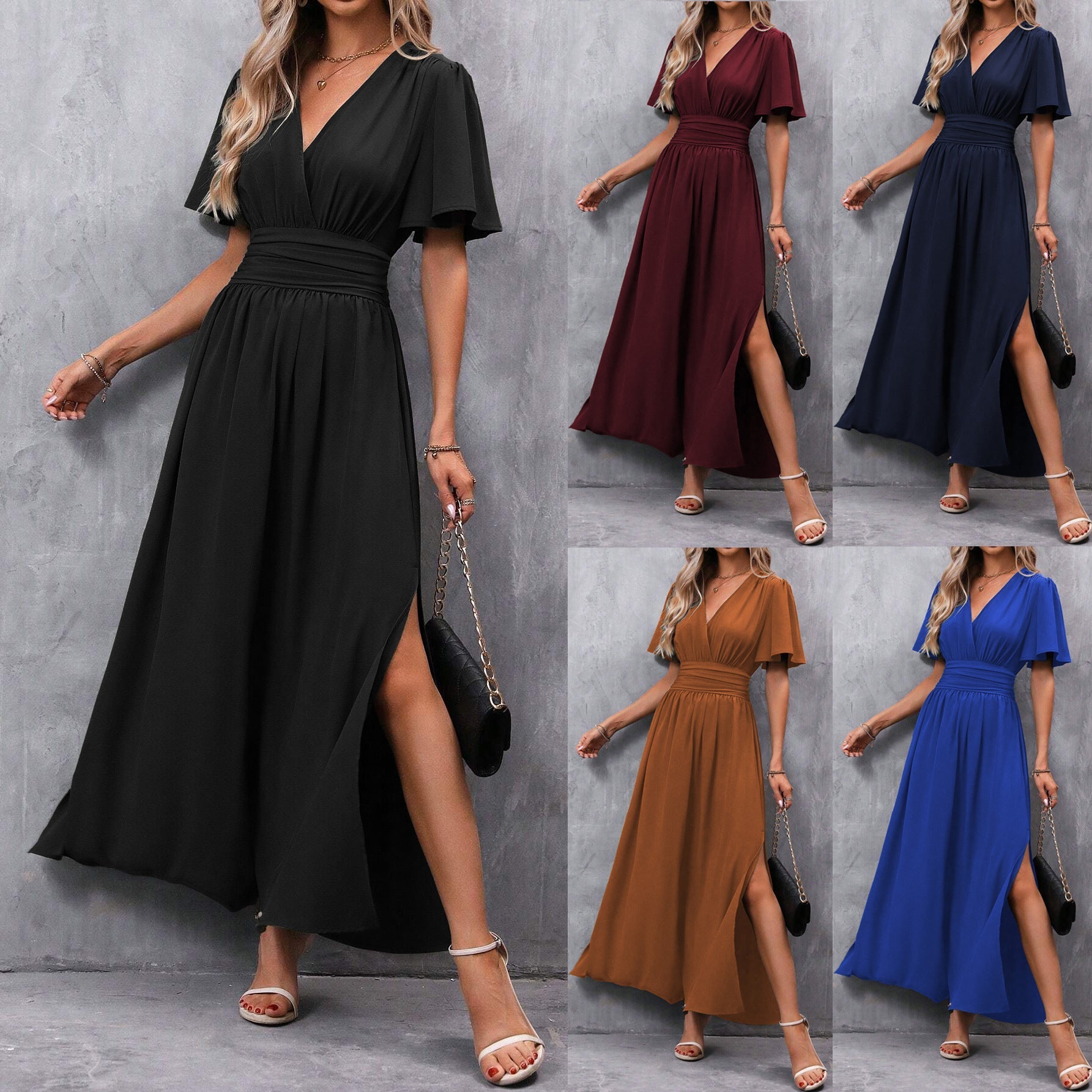 Amy Robe Maxi Femme Élégante – Noir, Col V, Manches Légères & Fente Subtile