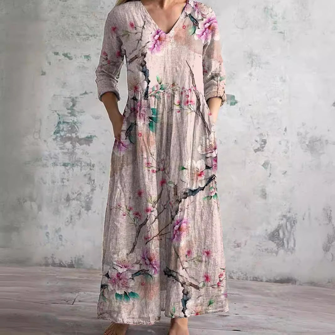 Willa Robe Longue Femme – Élégante Robe Fleurie avec Col en V & Manches 3/4