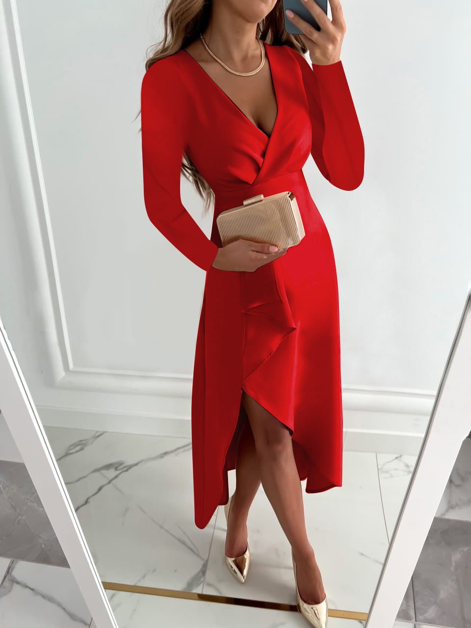 Abito elegante da donna Tessa - Abito lungo a maniche lunghe con scollo a V, vestibilità comoda ed elegante