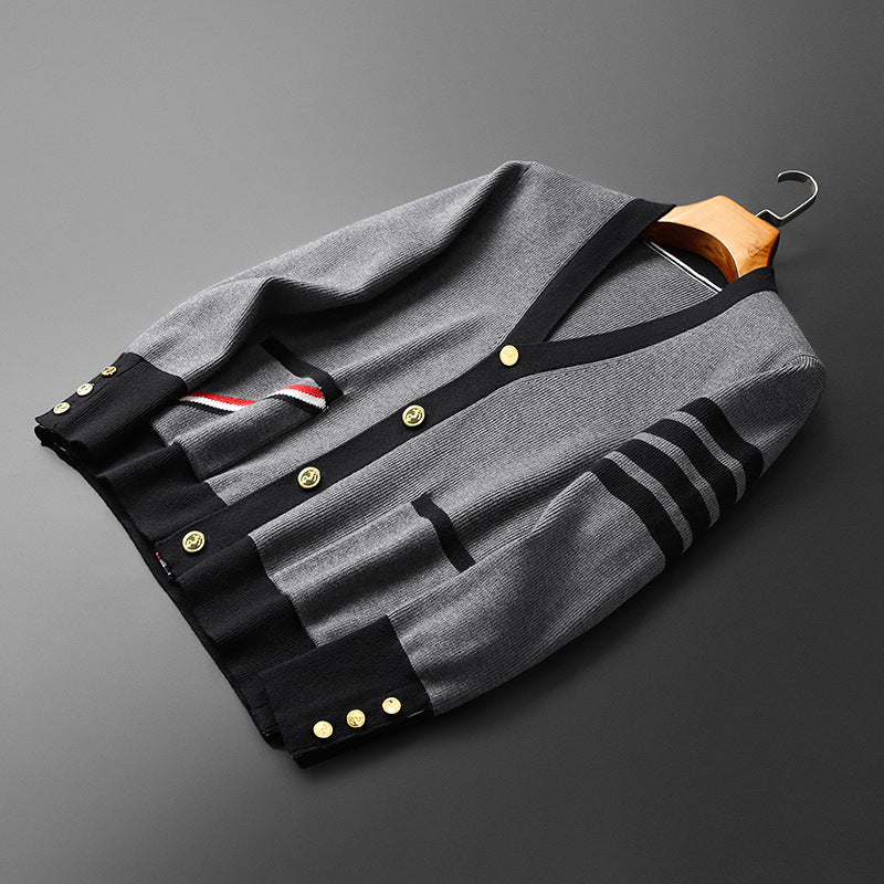 Cardigan in cashmere da uomo Hans - Elegante, a righe con scollo a V, bottoni dorati e pratiche tasche