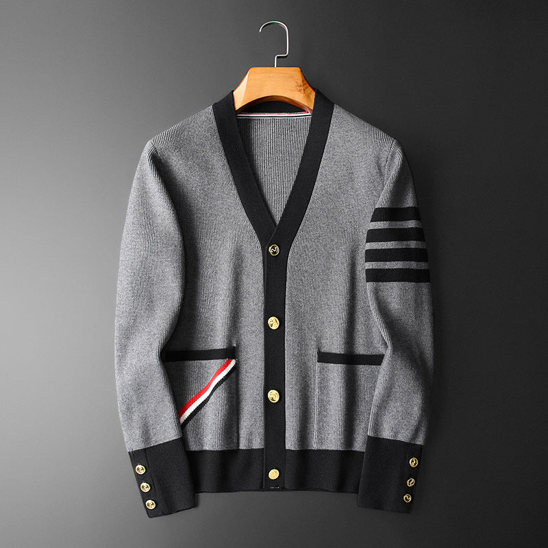 Cardigan in cashmere da uomo Hans - Elegante, a righe con scollo a V, bottoni dorati e pratiche tasche