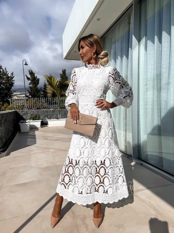 Abito elegante da donna Celeste - Abito in pizzo con maniche lunghe per serate chic