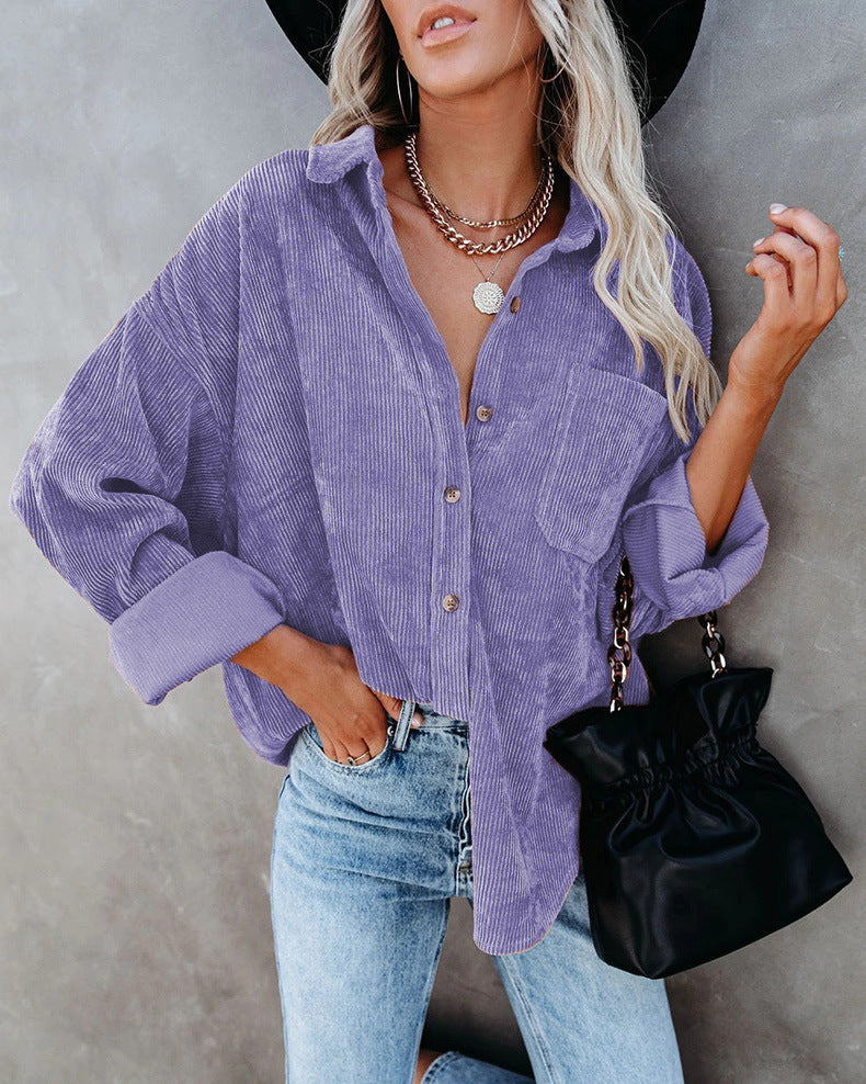 Ainsley Chemise Femme – Chemise Vintage Décontractée en Velours Côtelé Doux avec Poche Poitrine
