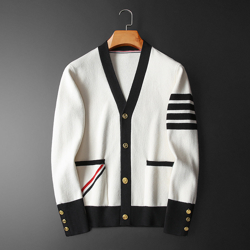 Cardigan in cashmere da uomo Hans - Elegante, a righe con scollo a V, bottoni dorati e pratiche tasche